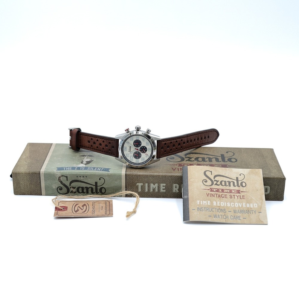 SZANTO TIME 3000 Series Mens Quartz White Dial Stainless Steel Chronograph Watch